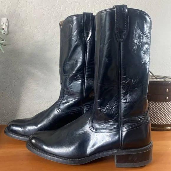 Mens ACME Black Leather Cowboy Work Boots Oil Resistant 10.5 - Picture 5 of 10